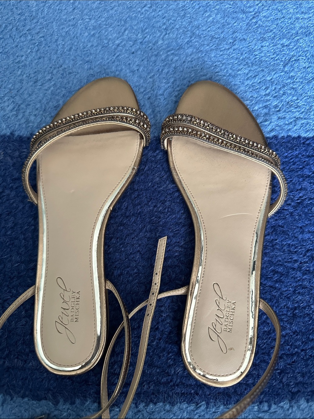 Jewel Badgley Mischka Gold Rhinestone Strappy Sandals